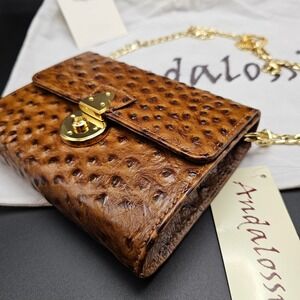 Andalossi Ostrich Embossed Leather Crossbody Flap Chain Shoulder Bag Gold Tan